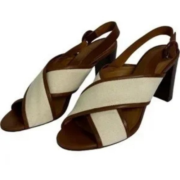 Sezane High Maud Sandals Linen Camel Block Heel Size 38 French or US 7 Cross - Picture 6 of 10